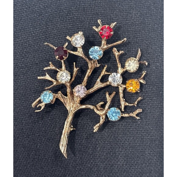 Vintage Sterling Silver Tree of Life Brooch Rhinestone Gold Tone Signed - Picture 2 of 7